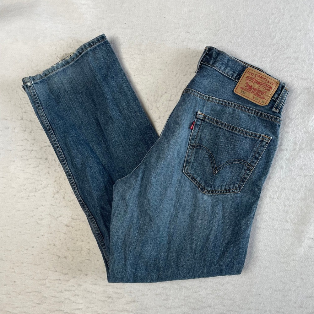 Levis 559 Relaxed Straight Jeans Mens 34x32 Blue Denim Frayed Hem Distressed